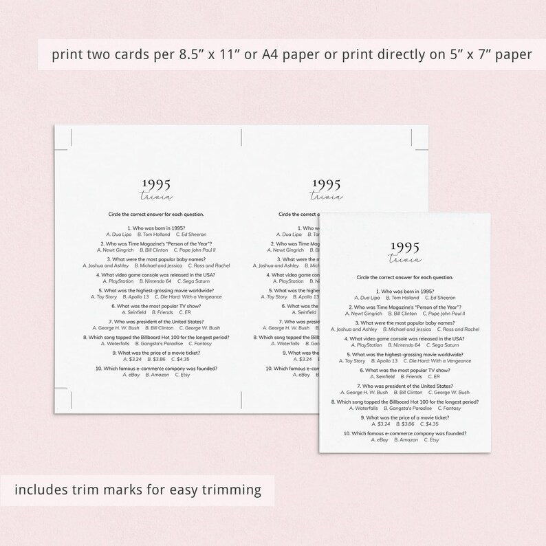 May include: Two printable trivia game cards with the title "1995 Trivia". Each card has ten multiple-choice questions about events that happened in 1995. The cards are designed to be printed on 8.5 x 11 inch paper or A4 paper and trimmed for easy use.