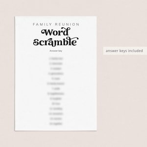 May include: A printable family reunion word scramble game with an answer key. The title is "Family Reunion Word Scramble" with the word "Scramble" in a stylized font.