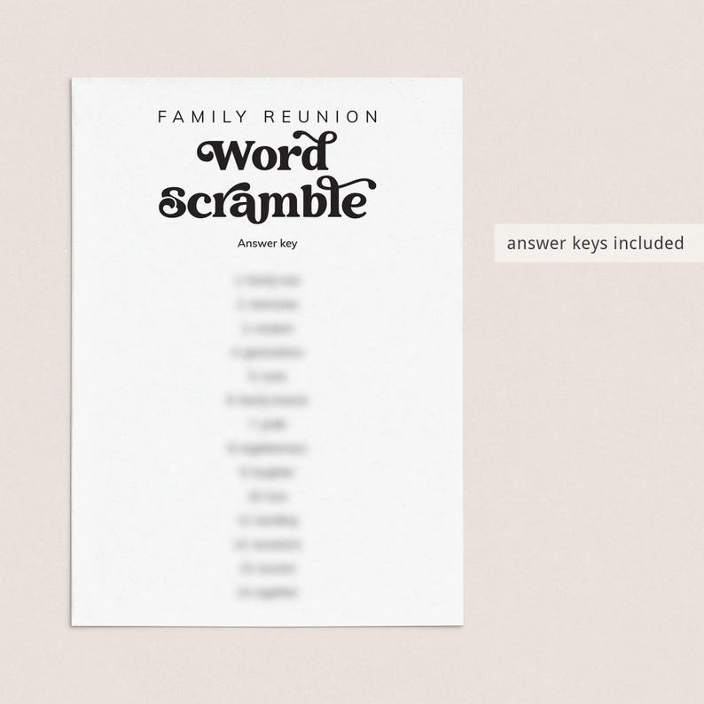 May include: A printable family reunion word scramble game with an answer key. The title is "Family Reunion Word Scramble" with the word "Scramble" in a stylized font.