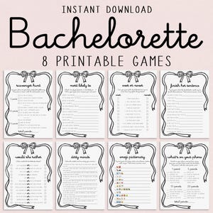 Peut inclure: Huit jeux de bachelorette imprimables, téléchargeables instantanément. Les jeux comprennent une chasse au trésor, le plus susceptible de, jamais ou jamais, et terminez sa phrase. Chaque jeu a un design avec un nœud et un ruban. Les jeux sont en noir et blanc.