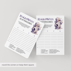 以下が含まれることがあります： ハロウィーンのScattergoriesゲームカード2枚。カードは白で、紫色の文字とミイラのイラストが描かれています。ゲームは、プレイヤーに「EVIL」という単語の各文字で始まる単語で空白を埋めるように促します。カードの角は丸くなっています。
