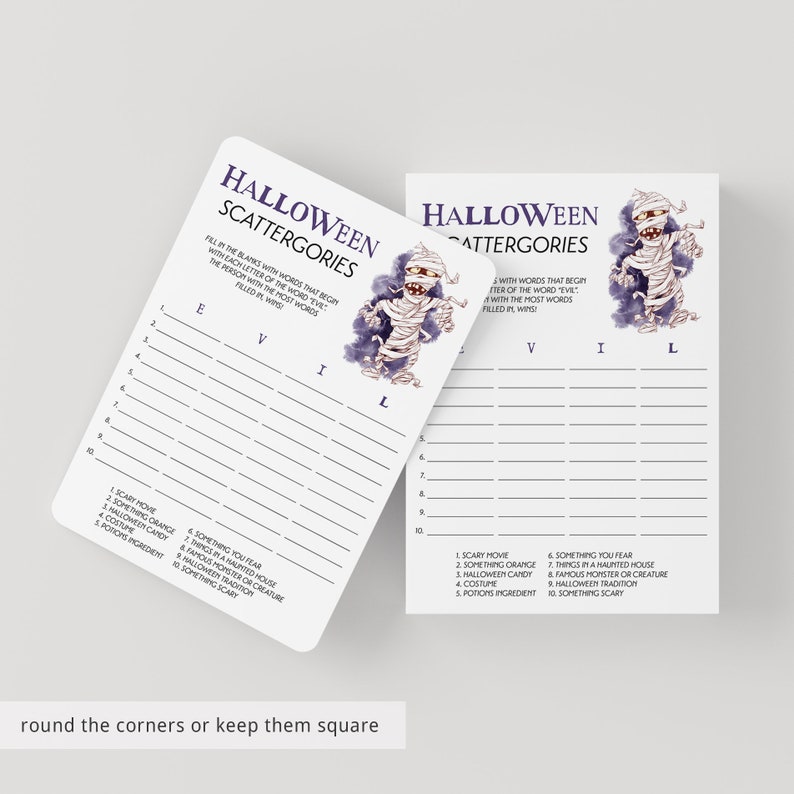 以下が含まれることがあります： ハロウィーンのScattergoriesゲームカード2枚。カードは白で、紫色の文字とミイラのイラストが描かれています。ゲームは、プレイヤーに「EVIL」という単語の各文字で始まる単語で空白を埋めるように促します。カードの角は丸くなっています。