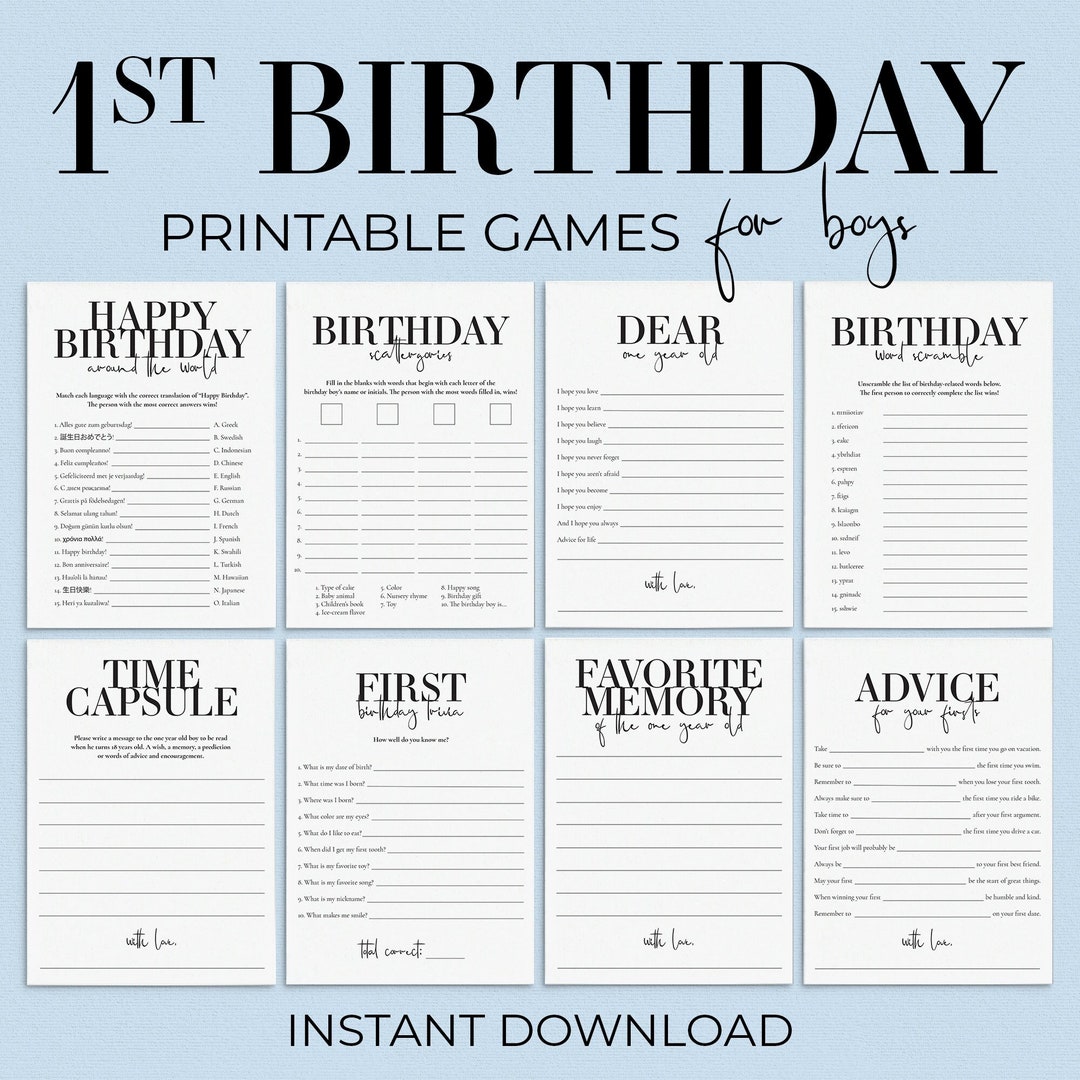 First Birthday Games Printable First Birthday Party Boy 1st Birthday ...