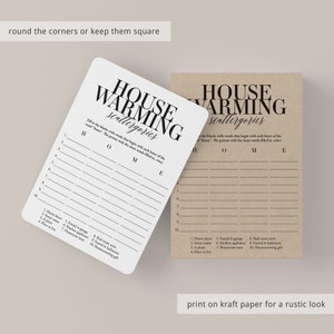 May include: Two printable game cards for a housewarming party. The cards are white and brown with black text. The game is called "Housewarming Scattergories". Players must fill in the blanks with words that begin with each letter of the word "home".