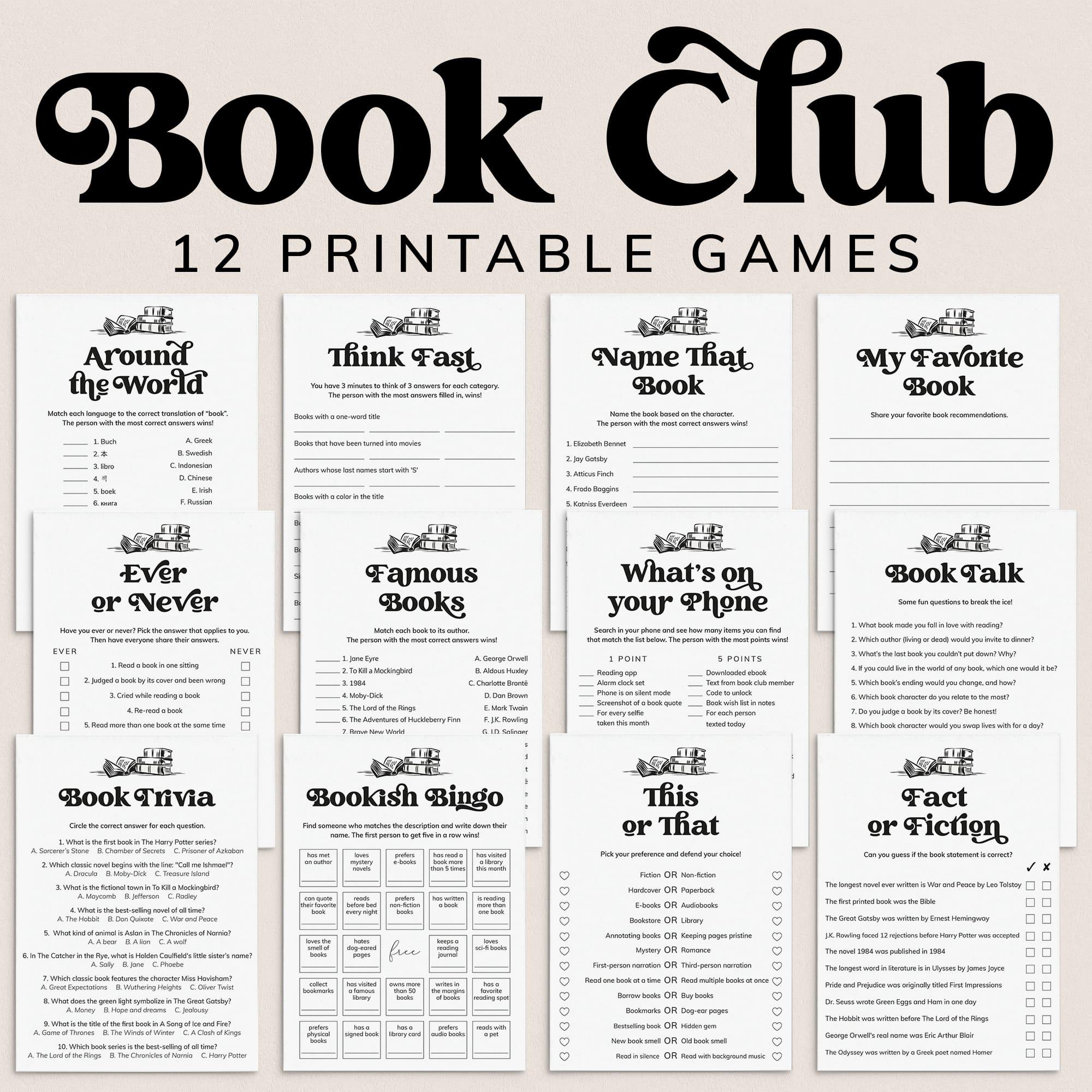 Book Club Game Bundle Printable Reading Group Activities Book Club Party Games Bookish Games Bookclub Meeting Icebreakers for Book Club MV1