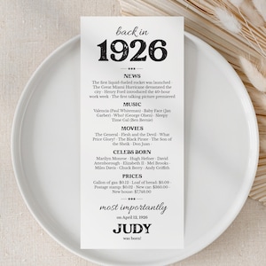 100th Birthday Party Decor Retro 100th Bday Place Cards 100th Born in 1926 Table Cards 100th Party Birthday Gift Vintage News Back in 1926