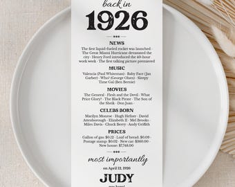 100th Birthday Party Decor Retro 100th Bday Place Cards 100th Born in 1926 Table Cards 100th Party Birthday Gift Vintage News Back in 1926