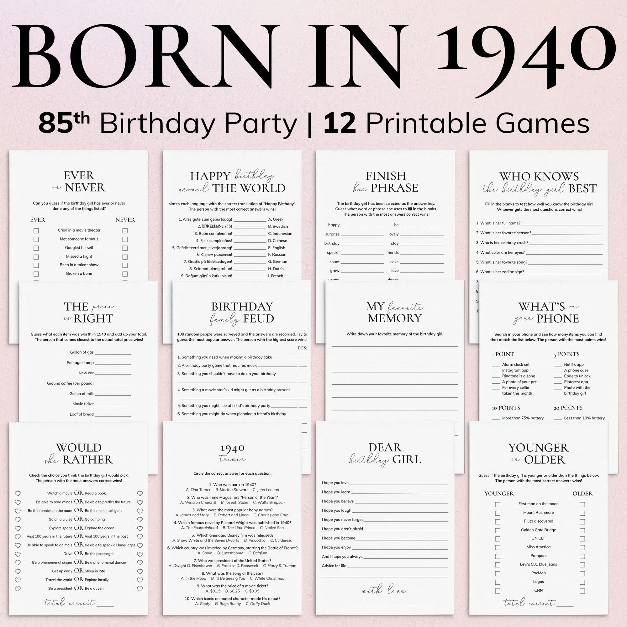 85th Birthday Games Bundle for Her Born in 1940 85th Birthday Party Game Cards 85 Birthday Trivia 1940 Price is Right 85 Years Old Woman PP2