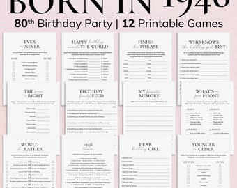 May include: A set of 12 printable games for an 80th birthday celebration. The games include trivia, fill-in-the-blanks, and matching activities. The design is in black and white with the text "BORN IN 1946".