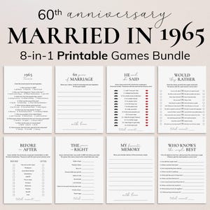 60th Anniversary Games Printable Married in 1965 Anniversary Party Games for Couples Minimal Adult Anniversary Party Icebreakers Trivia PP2