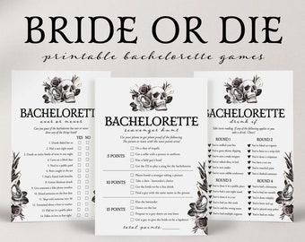 Bride or Die Bachelorette Games Set Printable Till Death Do Us Party Games Alternative Bride Halloween Hen Night Scavenger Hunt Drink If FS1