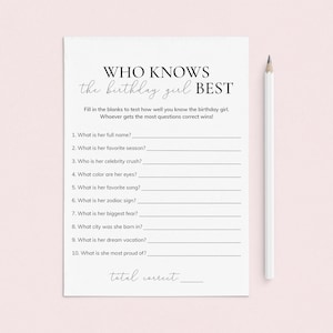 May include: A printable game for a birthday party. The game is called "Who Knows the Birthday Girl Best?" and asks ten questions about the birthday girl. The game includes a space to write in the total number of correct answers.