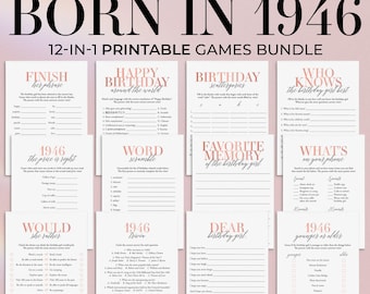 Puede incluir: Un paquete de juegos imprimibles para el 80 cumpleaños con el texto "BORN IN 1946". El paquete incluye 12 juegos diferentes, como "Finish Her Phrase", "Word Scramble" y "1946 Trivia". Los juegos están impresos en papel blanco con detalles en oro rosa.