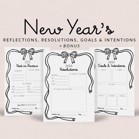 New Years Resolutions Cards Printable Minimal Bow Theme Goal Setting Template NYE Activity New Year Vision Board End Of Year Reflections SR1
