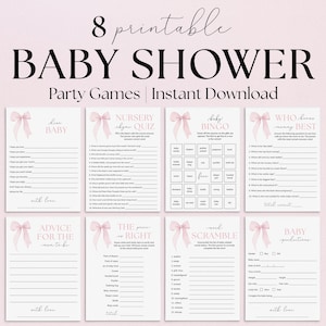 Coquette Baby Shower Games Printable Pink Bow Baby Shower Games Baby Girl Shower Bow Themed BabyShower Decorations Gift Baby Bingo Cards PB1