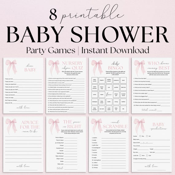 Coquette Baby Shower Games Printable Pink Bow Baby Shower Games Baby Girl Shower Bow Themed BabyShower Decorations Gift Baby Bingo Cards PB1