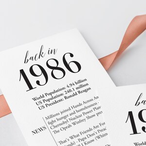 May include: White cards with the text "back in 1986" and the number 1986 in large, bold font. The cards also include facts about the world population, US population, and US President in 1986. A peach ribbon is visible.