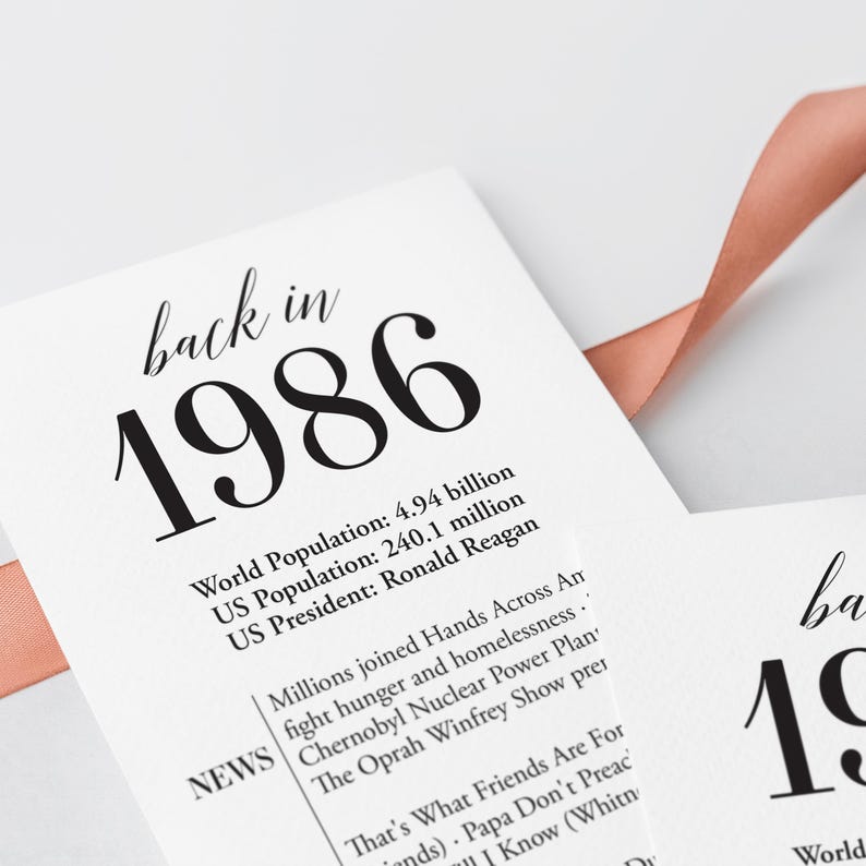 May include: White cards with the text "back in 1986" and the number 1986 in large, bold font. The cards also include facts about the world population, US population, and US President in 1986. A peach ribbon is visible.