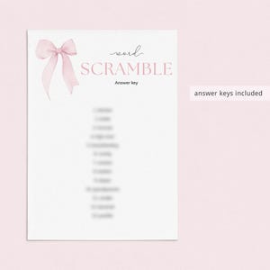 May include: A printable word scramble game with a pink bow on the top. The title is "Word Scramble" with the words "Answer Key" below. The text "answer keys included" is in a box at the bottom right of the page.