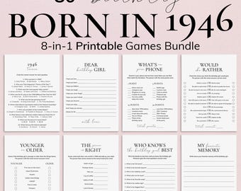 Puede incluir: Un paquete de juegos imprimibles 8 en 1 para un 80 cumpleaños, con el texto "BORN IN 1946". Los juegos incluyen trivia, "Querida cumpleañera", "Qué hay en tu teléfono", "Qué prefieres", "Más joven o mayor", "El precio es correcto", "Quién conoce mejor a la cumpleañera" y "Mi recuerdo favorito".