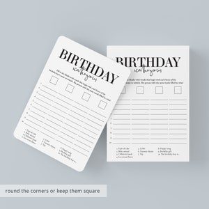 May include: Two printable game cards with the title "Birthday Scattergories". The cards have instructions to fill in the blanks with words that begin with each letter of the birthday boy's name or initials. The person with the most words filled in wins.