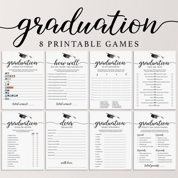 Graduation Party Games Bundle Printable Elegant Graduation Games Calligraphy Grad Party Games for Her Wishes for Graduate Simple Grad EG1