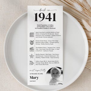 Peut inclure: Une carte blanche avec le texte "back in 1941" et des faits historiques, y compris le président américain, les événements mondiaux et la culture populaire. Une photo en noir et blanc d'un bébé est en bas.