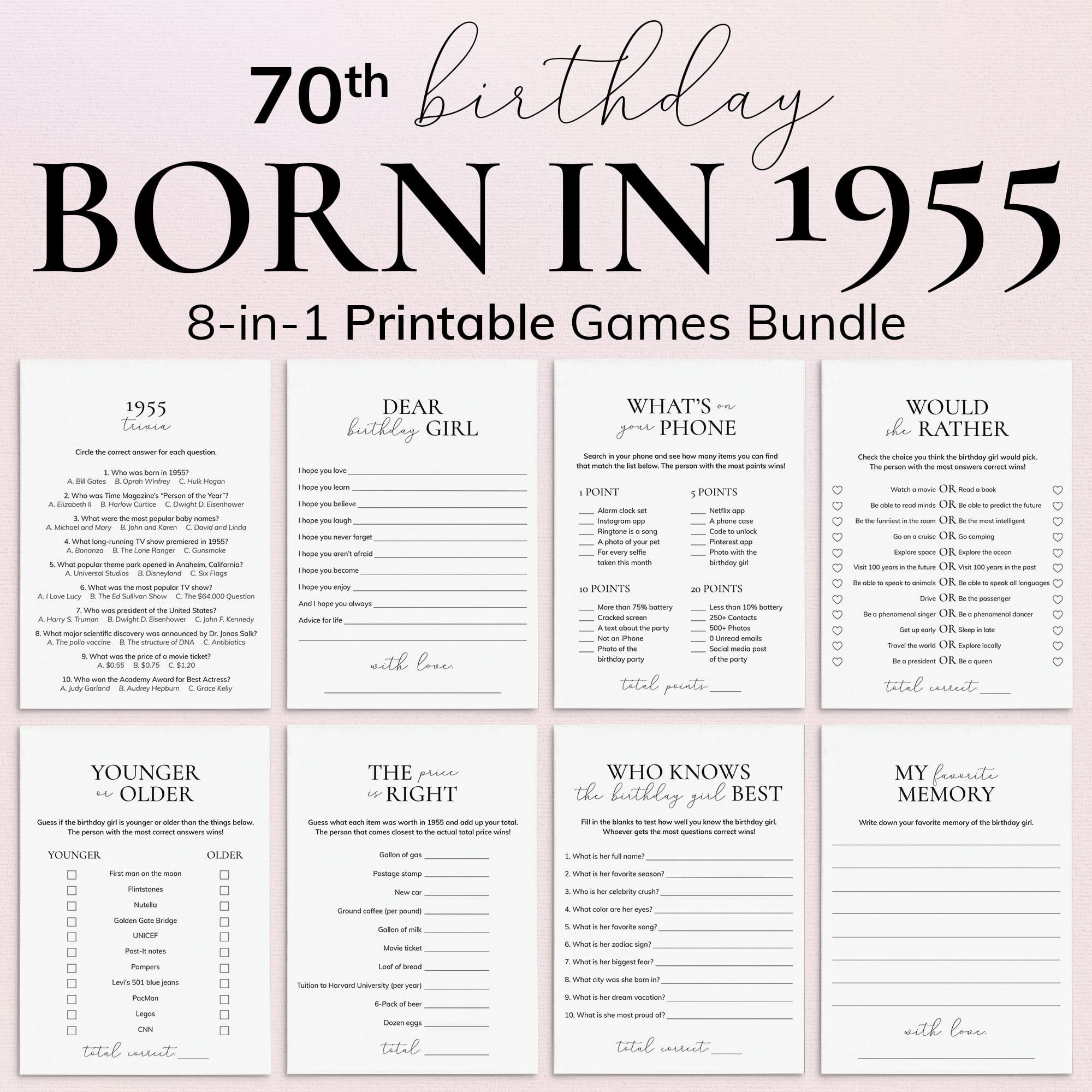 Born in 1955 70th Birthday Party Games for Women Minimal Birthday Games Turning 70 Years Old 70th Birthday Gift Ideas Games for Family PP2