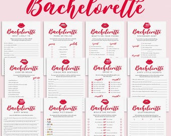 May include: A collection of 12 printable Bachelorette party games with a pink and white theme. Each game card features a red lip graphic and playful titles like "Most Likely To" and "Dirty Little Secrets".