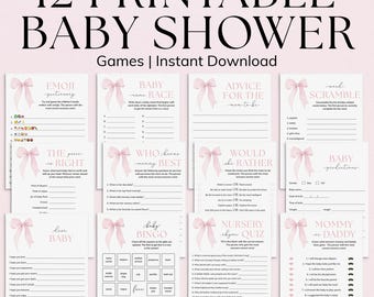 Bow Baby Shower Games Printable Coquette Baby Shower Bundle Girl Baby Shower Pink Bow Table Decor Elegant BabyShower Bow Themed Bingo PB1