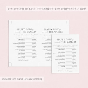 May include: Printable game cards for a "Happy Birthday Around the World" party game. The cards feature a list of 15 languages with their respective translations for "Happy Birthday". Players match the language with the correct translation. The person with the most correct answers wins.