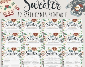 May include: A set of twelve printable party game sheets featuring an Ugly Sweater theme. Each sheet includes festive graphics of sweaters, string lights, and holly, with specific game titles like Christmas Word Scramble and Christmas Trivia.