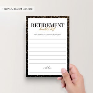 May include: A black and gold card with the text "RETIREMENT bucket list" and the phrase "What's next? Share a fun or adventurous idea for the retiree."  The card has a gold glitter background.