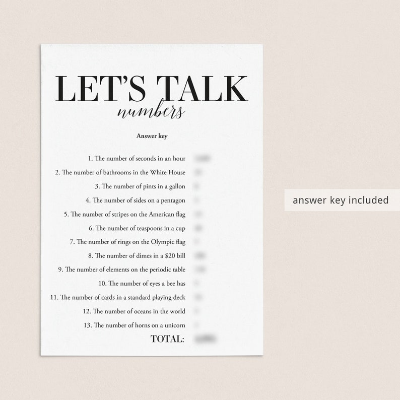 May include: A printable worksheet with the title "Let's Talk Numbers" and a list of 13 questions about numbers. The questions are related to everyday objects and concepts, such as the number of seconds in an hour, the number of bathrooms in the White House, and the number of stripes on the American flag. The worksheet includes an answer key and a space for a total.