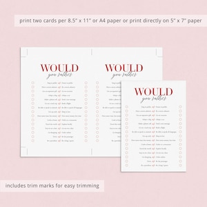 Peut inclure: Cartes de jeu imprimables "Would You Rather" avec 20 questions sur chaque carte. Les cartes sont con&ccedil;ues pour &ecirc;tre imprim&eacute;es sur du papier au format 8,5 x 11 pouces ou A4 et d&eacute;coup&eacute;es en cartes de 5 x 7 pouces. Les cartes sont blanches avec du texte rouge et des cases &agrave; cocher rouges.