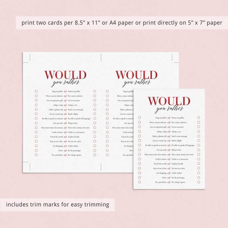 Peut inclure: Cartes de jeu imprimables "Would You Rather" avec 20 questions sur chaque carte. Les cartes sont con&ccedil;ues pour &ecirc;tre imprim&eacute;es sur du papier au format 8,5 x 11 pouces ou A4 et d&eacute;coup&eacute;es en cartes de 5 x 7 pouces. Les cartes sont blanches avec du texte rouge et des cases &agrave; cocher rouges.