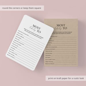 May include: Two printable game cards with the text "Most Likely To" on a white background and a brown background. The cards feature a list of questions to ask guests at a party or gathering.