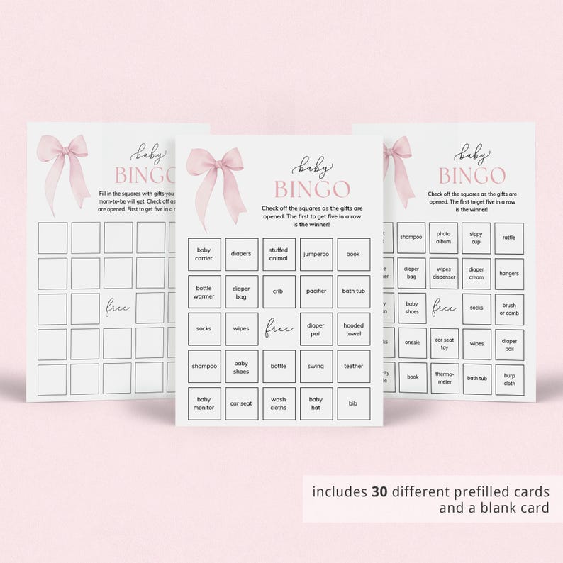 May include: A set of 30 pink and white baby shower bingo cards with a pink bow on each card. The cards have a variety of baby-related items listed on them, such as diapers, bottles, and pacifiers. The text on the cards reads "Baby Bingo".
