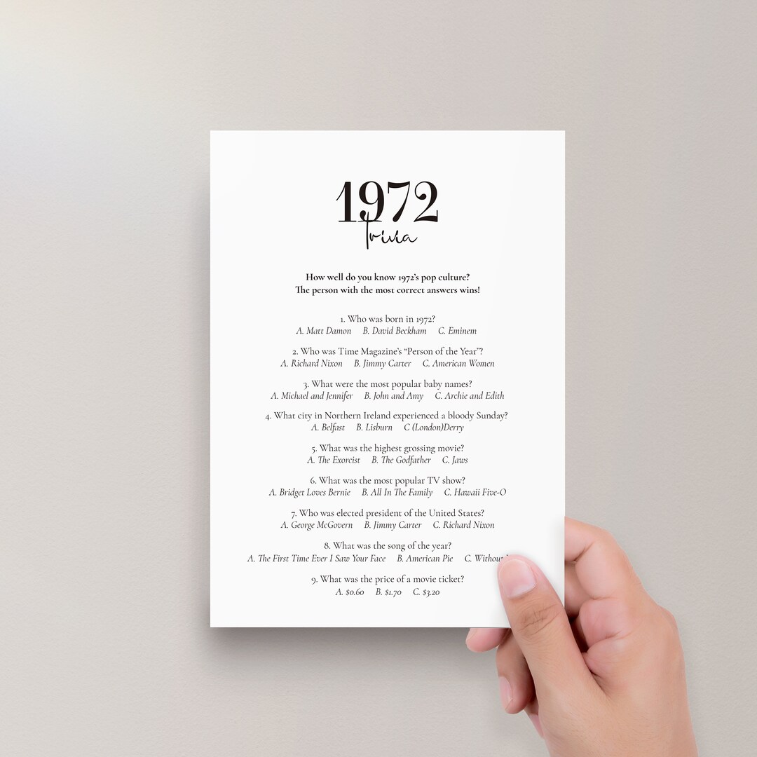 1972 Trivia Printable 70s Quiz 51st Birthday Party Game Back - Etsy