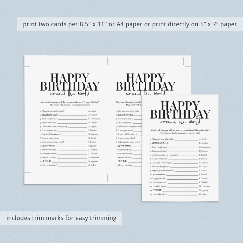 May include: Printable game card with the text "Happy Birthday Around the World". The game asks players to match each language with the correct translation of "Happy Birthday".