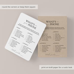 May include: Two printable game cards with the title "What's on your phone" and a list of items to find on a phone. The game is designed to be played with a group of people. The cards are printed on kraft paper for a rustic look.