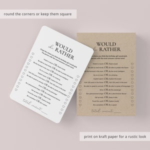 Pode incluir: Um jogo imprim&iacute;vel "Would You Rather" com um fundo marrom r&uacute;stico e texto branco. O jogo apresenta uma s&eacute;rie de perguntas com duas op&ccedil;&otilde;es para os jogadores escolherem. O jogo &eacute; projetado para uma festa de anivers&aacute;rio ou uma celebra&ccedil;&atilde;o.