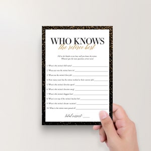 May include: A black and gold printable game card with the title "Who Knows the Retiree Best?" and a list of 10 questions to test how well someone knows the retiree. The card has a gold glitter background.