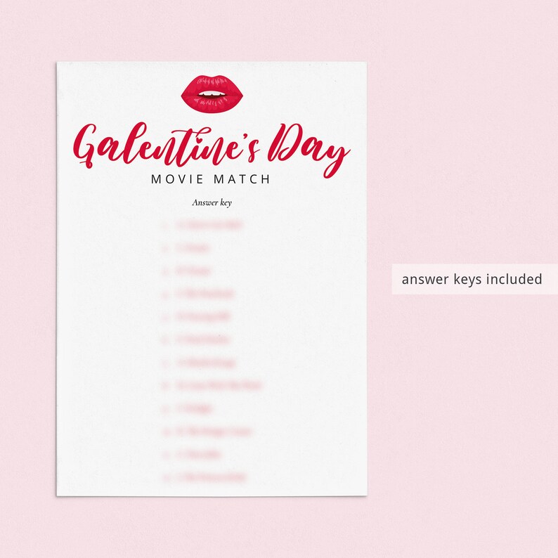 May include: A printable Galentine's Day movie match game with an answer key. The game features a red lipstick illustration.