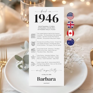 May include: A white card with the text "back in 1946" and a list of facts from that year, including world population, US president, and notable events. The card also features the name "Barbara" and the date "May 16, 1946".