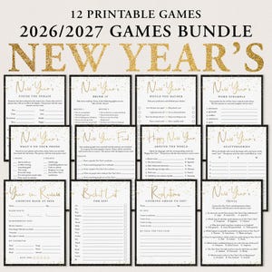 May include: A bundle of 12 printable New Year's games for 2026 and 2027. The collection features black and white cards with gold glitter accents, including titles like Finish the Phrase, Drink If, Would You Rather, Word Scramble, and Trivia.