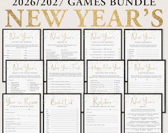 Könnte beinhalten: Ein Set aus 12 druckbaren Neujahrsspielen für 2026 und 2027. Die Sammlung besteht aus schwarz-weißen Karten mit goldenen Glitzerakzenten und enthält Titel wie Finish the Phrase, Drink If, Would You Rather, Word Scramble und Trivia.