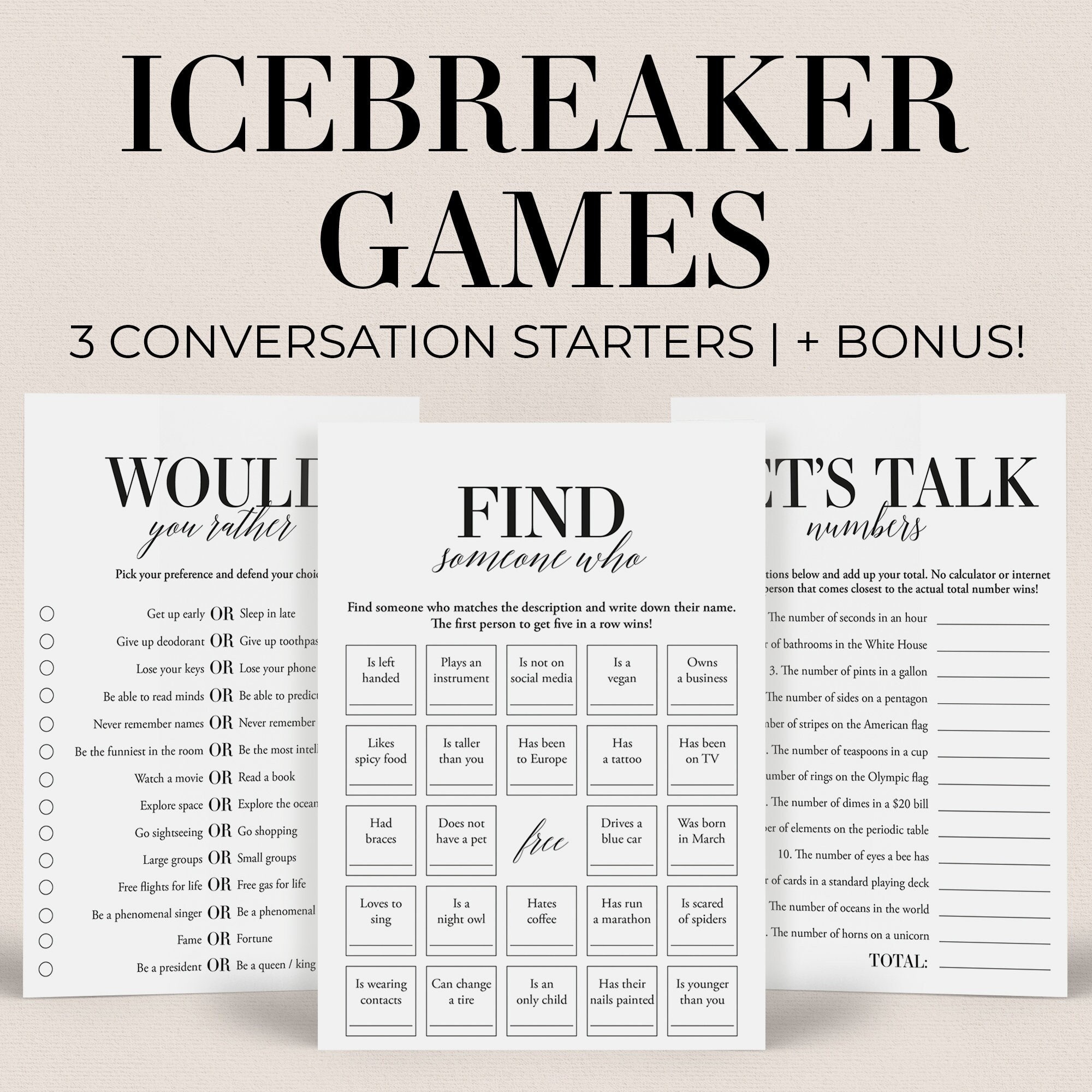 Conversation Starters Printable Fun Icebreaker Games for Adults Group Quiz Games Party Starters Find Someone Who Icebreaker Bingo Cards MB2
