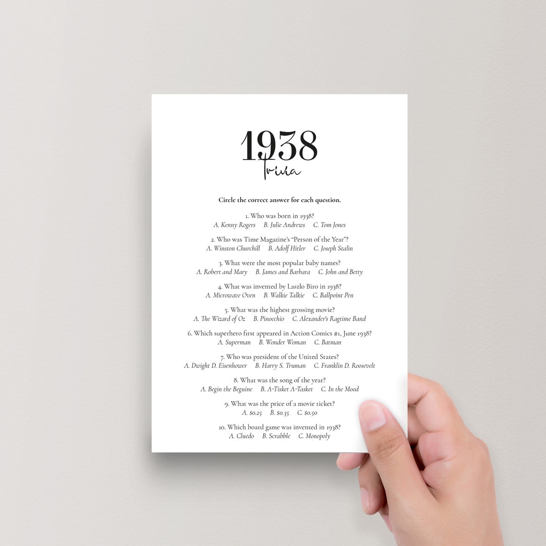 1938 Trivia Printable 85th Birthday Party Game Back to the 30s - Etsy