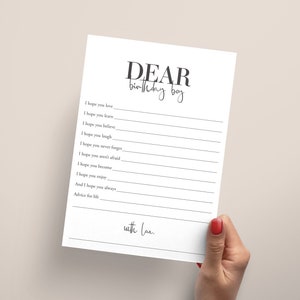 May include: A printable card with the text "DEAR birthday boy" at the top. The card has a list of phrases that start with "I hope you..." and ends with "with love."